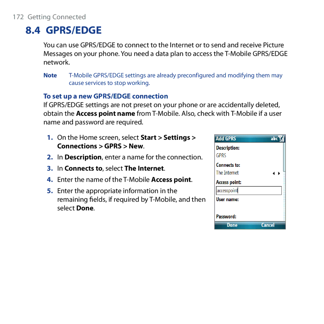 HTC Shadow user manual To set up a new GPRS/EDGE connection, Connects to, select The Internet 