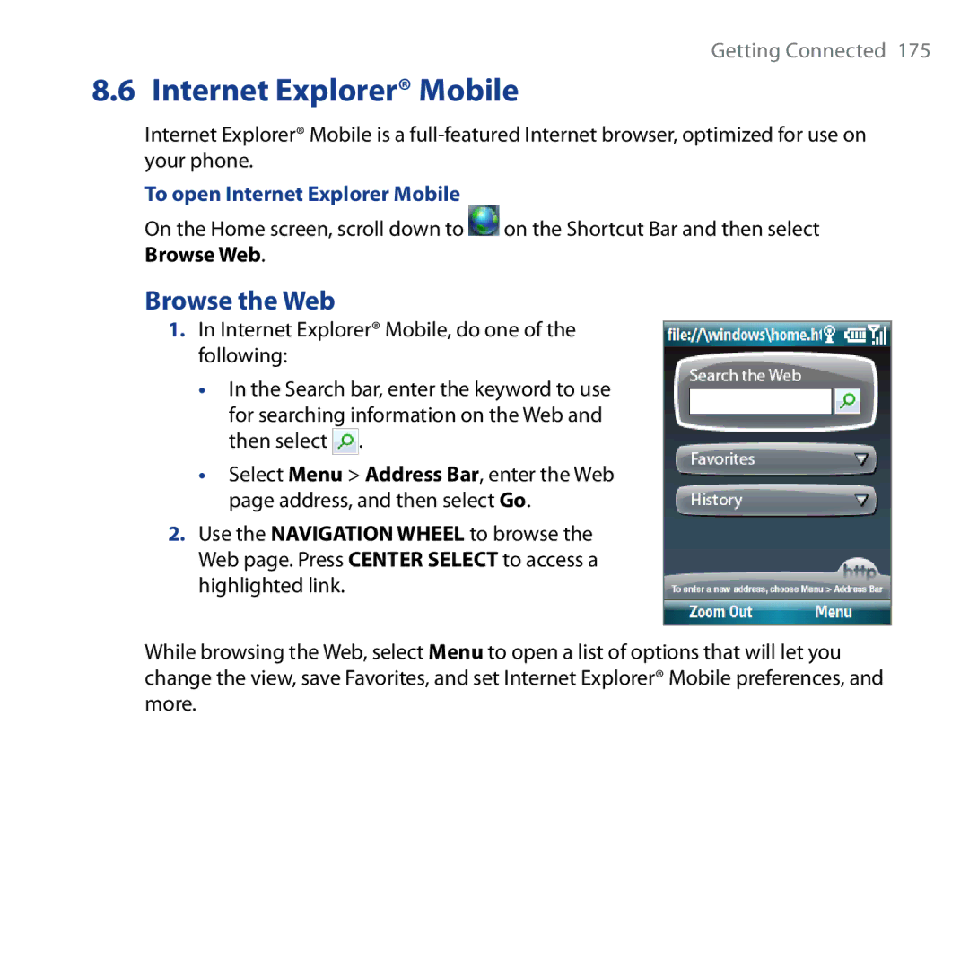 HTC Shadow user manual Browse the Web, To open Internet Explorer Mobile 