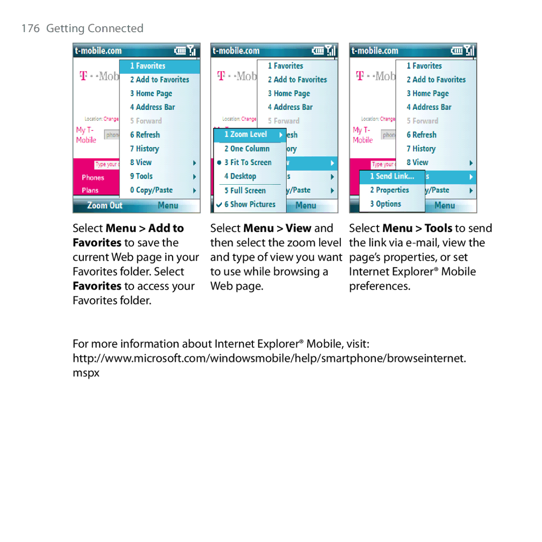 HTC Shadow user manual Select Menu Add to, Favorites to save, Page’s properties, or set, Web Preferences Favorites folder 