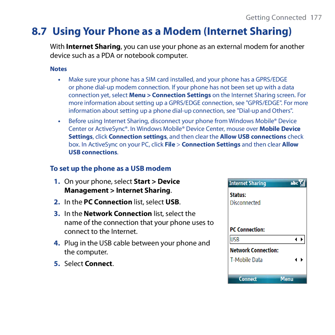 HTC Shadow user manual Using Your Phone as a Modem Internet Sharing, To set up the phone as a USB modem 