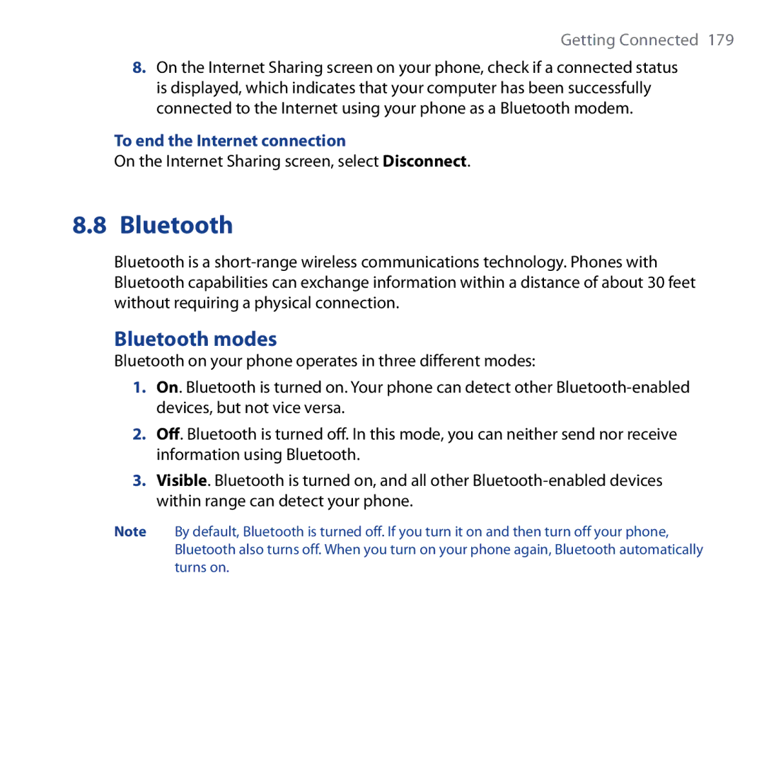 HTC Shadow Bluetooth modes, To end the Internet connection, On the Internet Sharing screen, select Disconnect 