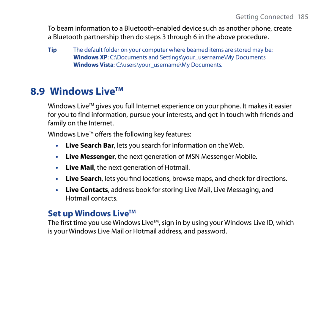 HTC Shadow user manual Set up Windows LiveTM 