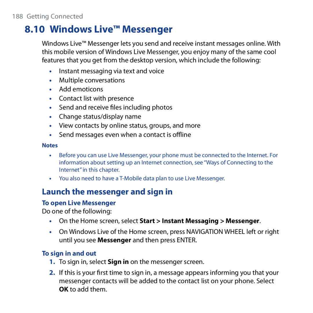 HTC Shadow user manual Windows Live Messenger, Launch the messenger and sign, To open Live Messenger, To sign in and out 