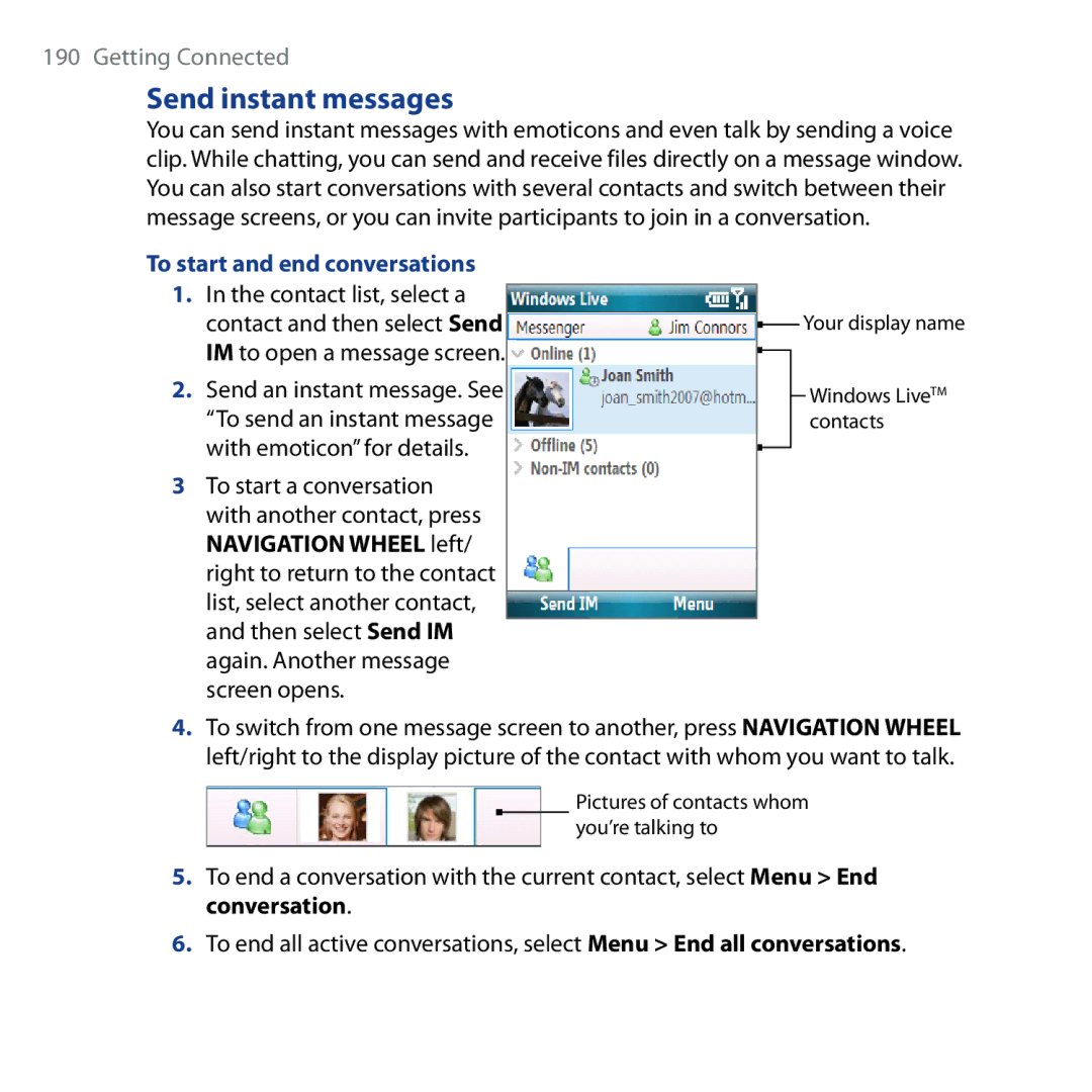 HTC Shadow Send instant messages, To start and end conversations, Contact list, select a, With emoticon for details 