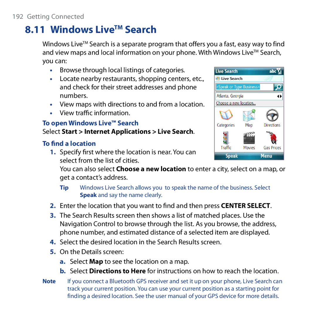 HTC Shadow user manual Windows LiveTM Search, To open Windows Live Search, Select Start Internet Applications Live Search 