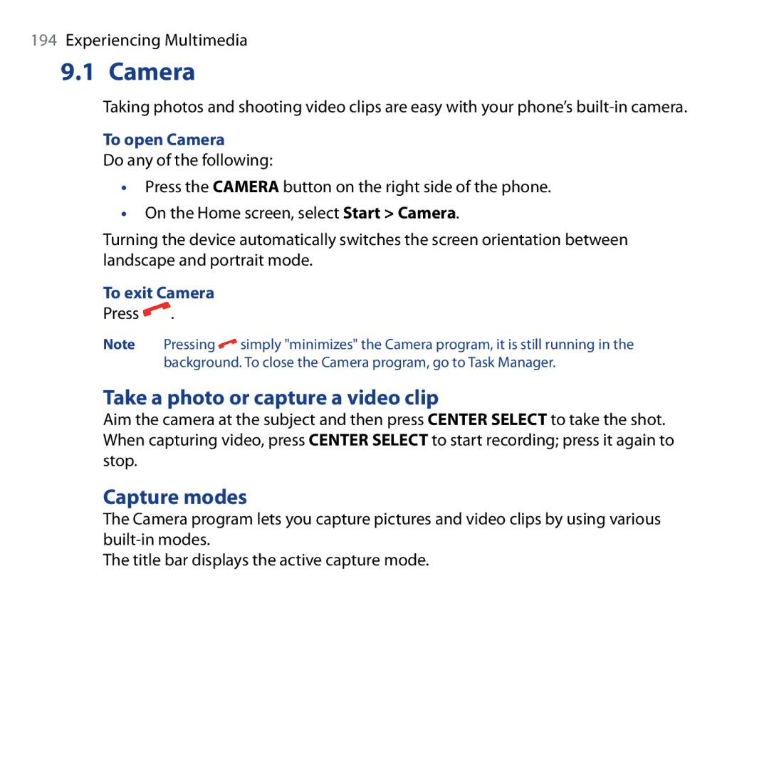 HTC Shadow user manual Take a photo or capture a video clip, Capture modes, To open Camera, To exit Camera 