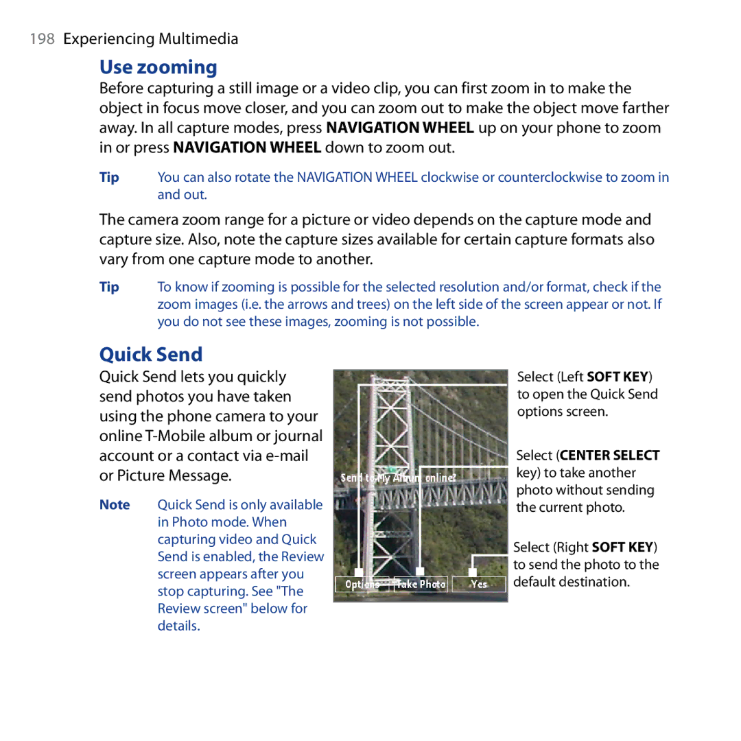 HTC Shadow user manual Use zooming, Quick Send 