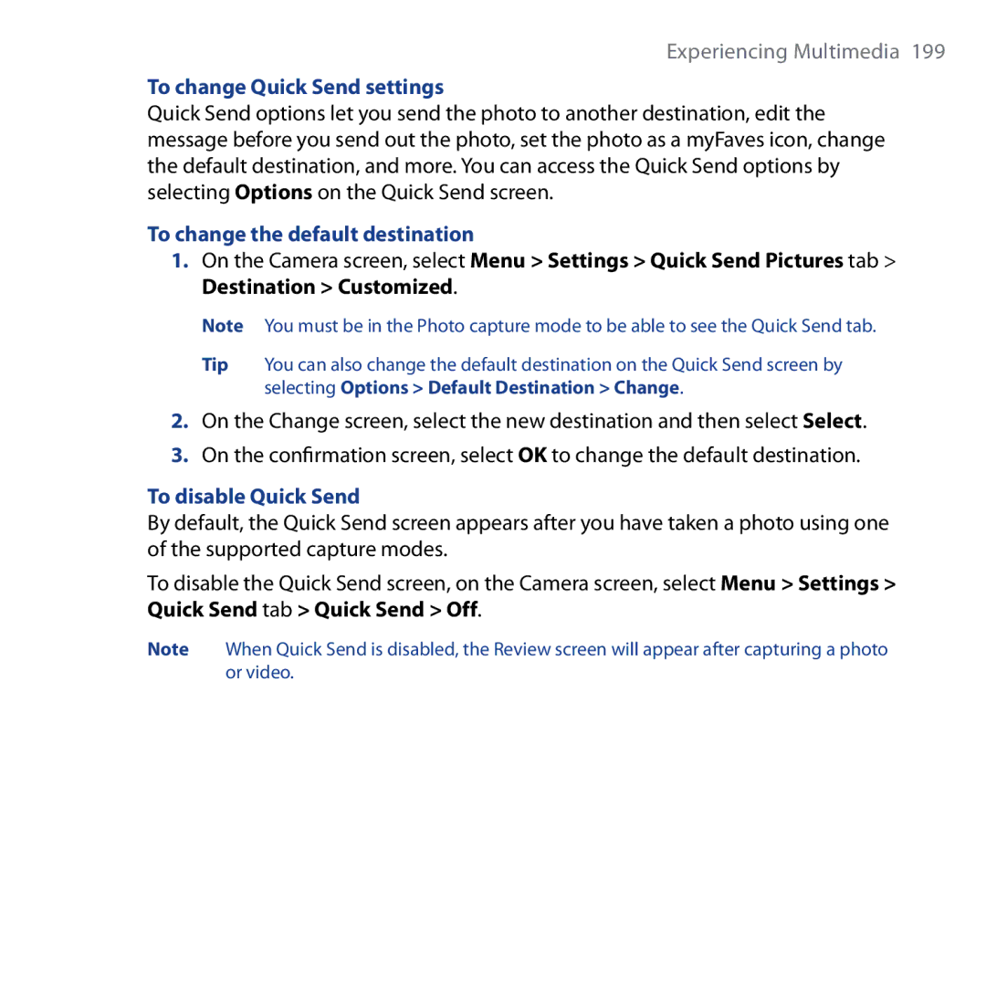 HTC Shadow user manual To change Quick Send settings, To change the default destination, To disable Quick Send 