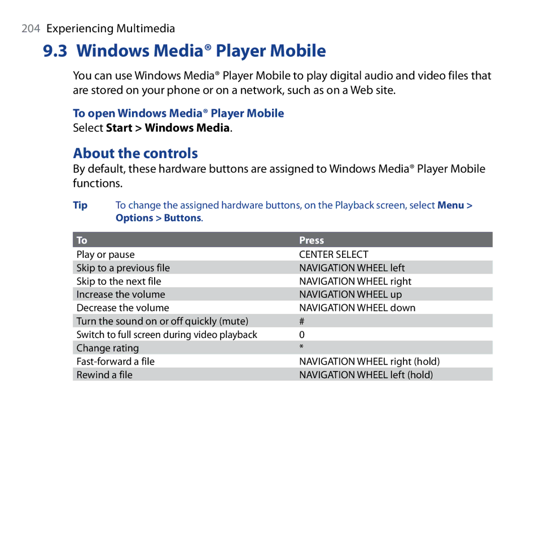 HTC Shadow user manual About the controls, To open Windows Media Player Mobile, Select Start Windows Media 