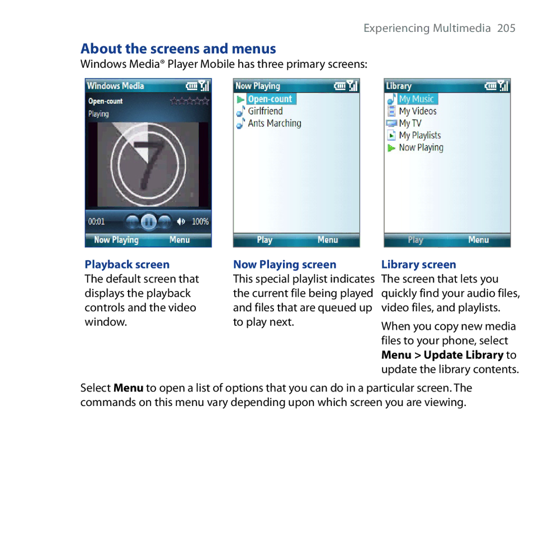 HTC Shadow About the screens and menus, Windows Media Player Mobile has three primary screens, Now Playing screen 