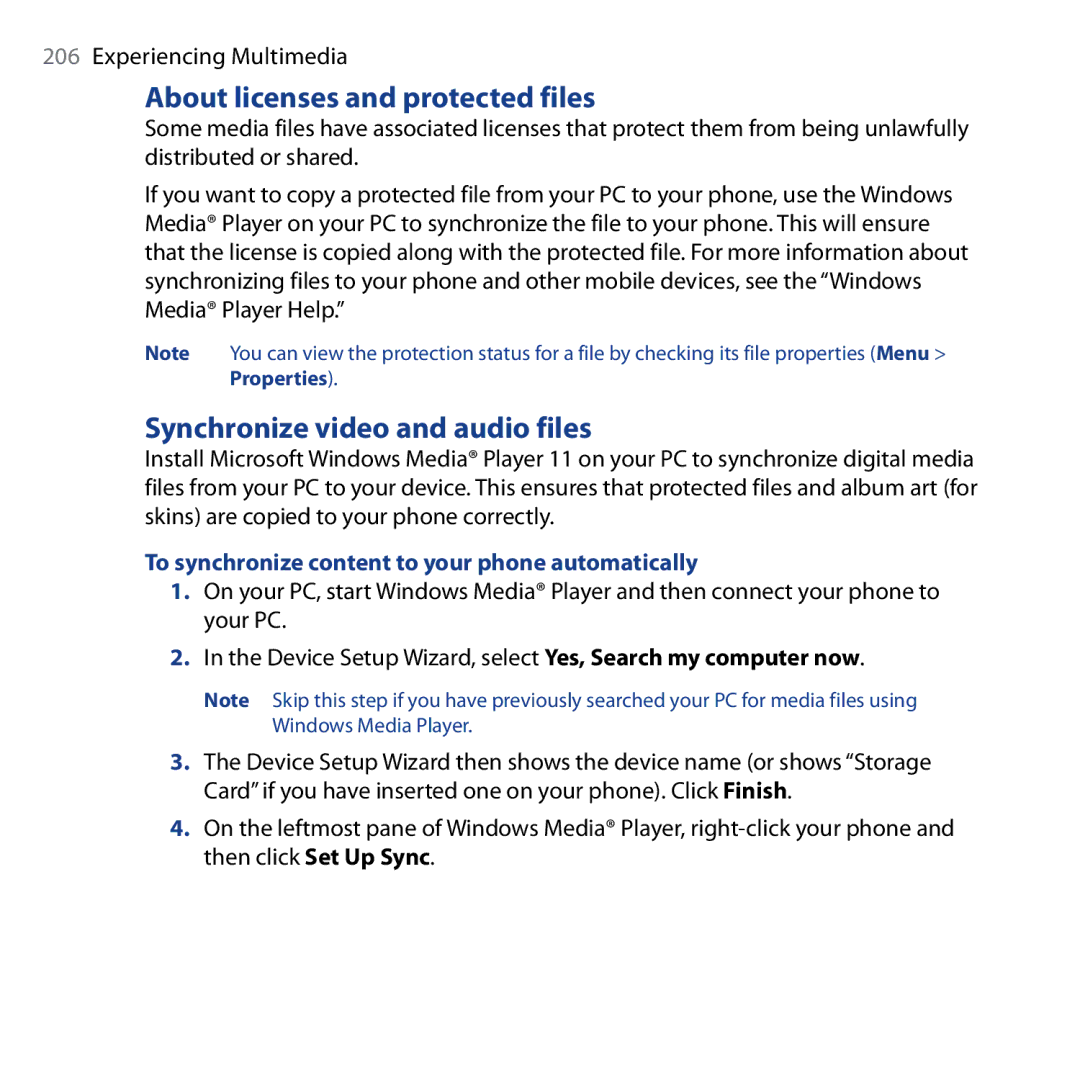 HTC Shadow user manual About licenses and protected files, Synchronize video and audio files 