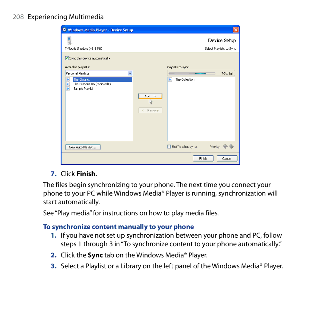 HTC Shadow user manual To synchronize content manually to your phone 