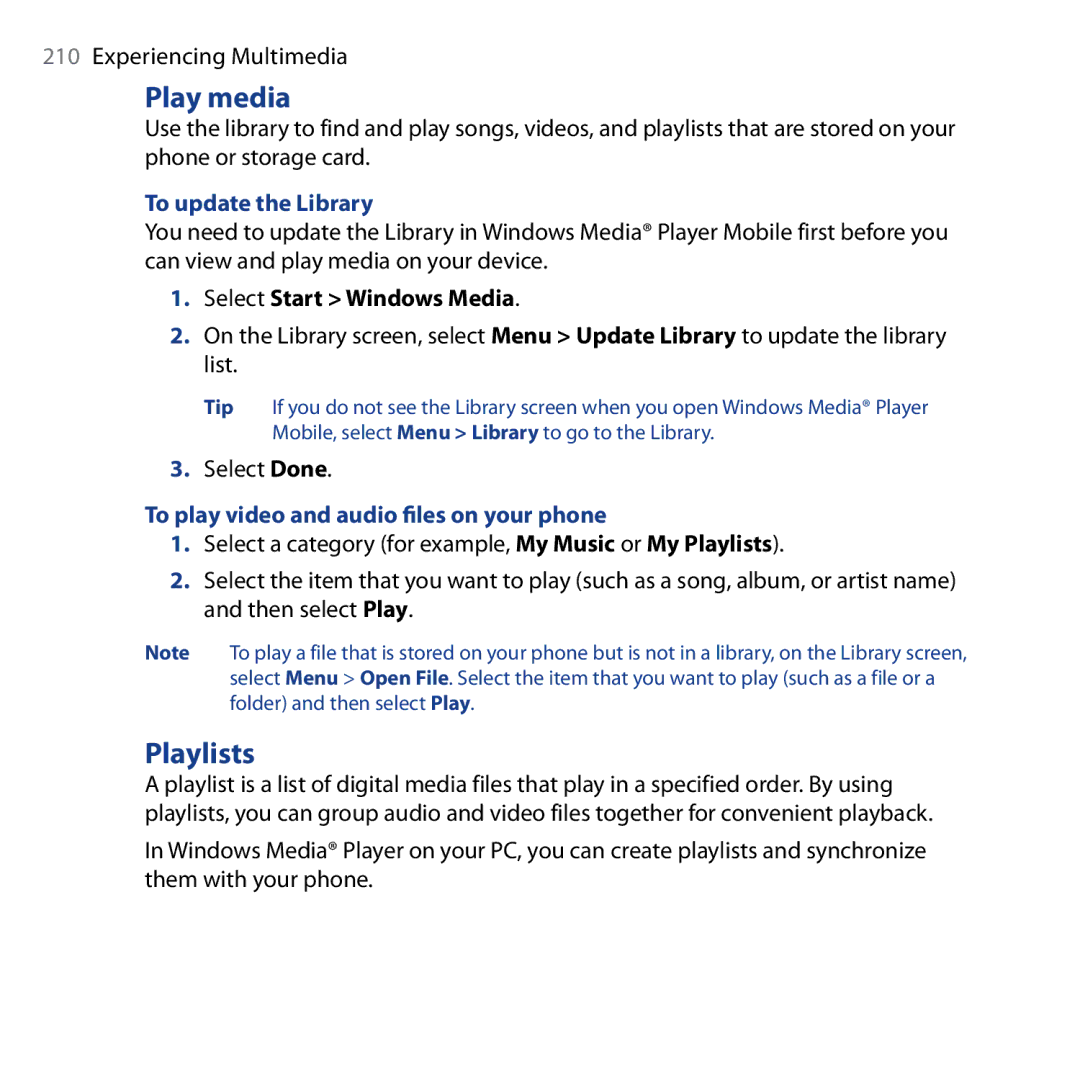 HTC Shadow user manual Play media, Playlists, To update the Library, To play video and audio files on yourphone 