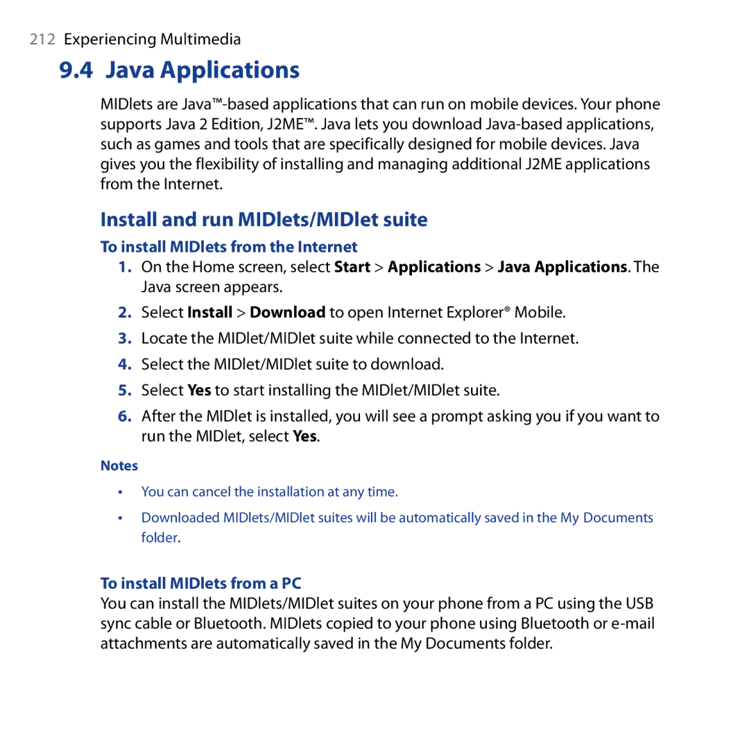 HTC Shadow user manual Java Applications, Install and run MIDlets/MIDlet suite, To install MIDlets from the Internet 