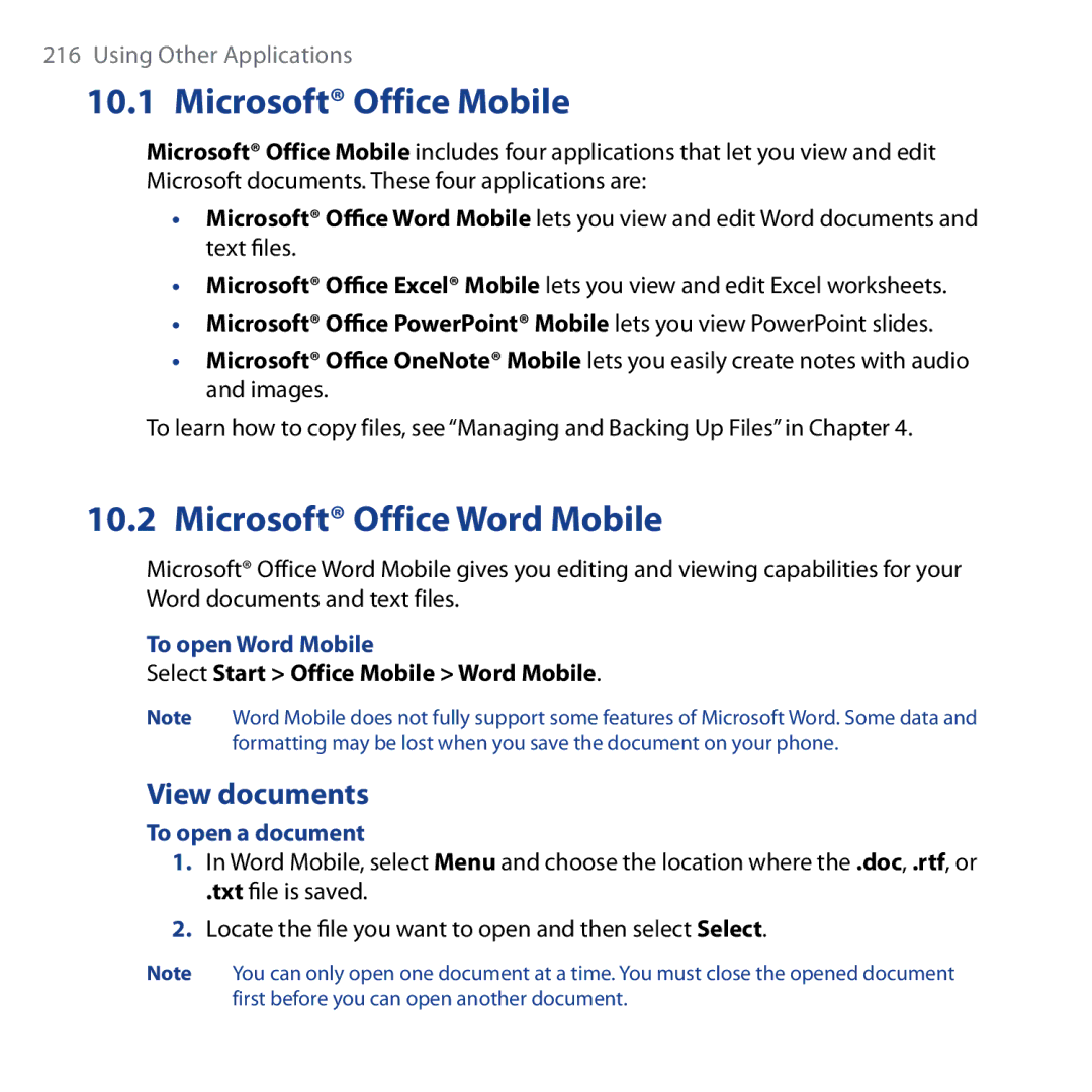 HTC Shadow Microsoft Office Mobile, Microsoft Office Word Mobile, View documents, To open Word Mobile, To open a document 