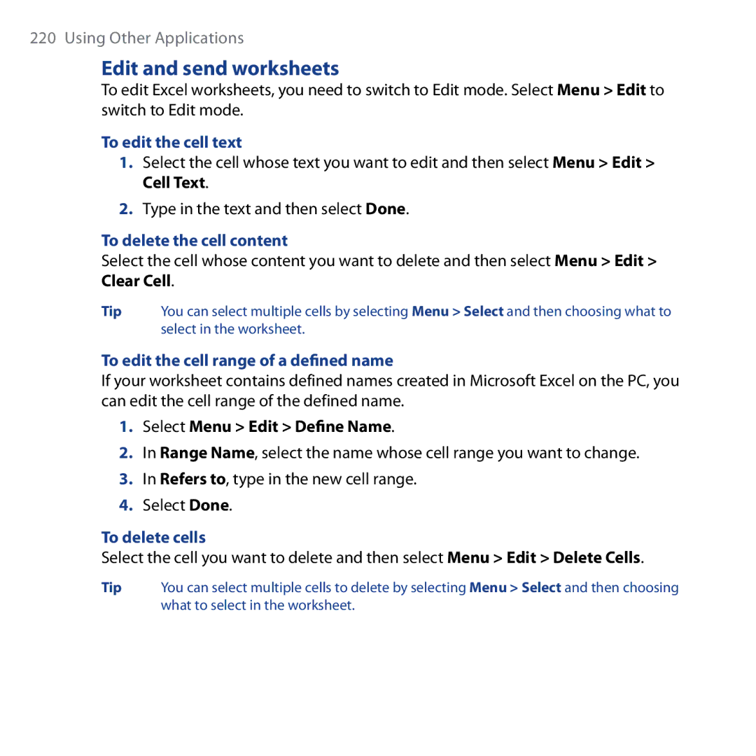 HTC Shadow user manual Edit and send worksheets, To edit the cell text, To delete the cell content, To delete cells 