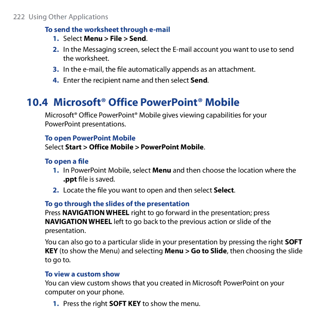 HTC Shadow user manual Microsoft Office PowerPoint Mobile, To send the worksheet through e-mail, To open PowerPoint Mobile 