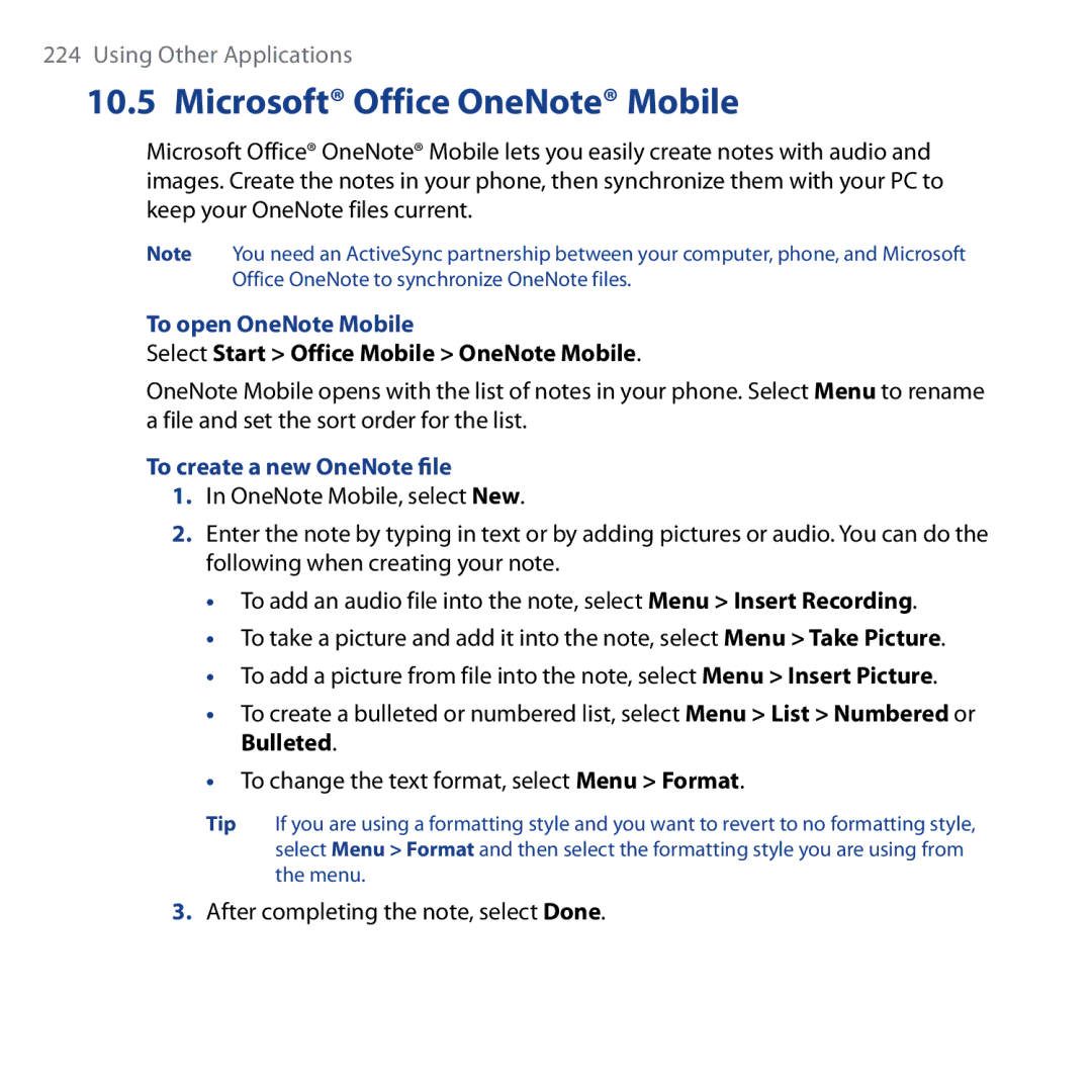 HTC Shadow user manual Microsoft Office OneNote Mobile, To open OneNote Mobile, Select Start Office Mobile OneNote Mobile 