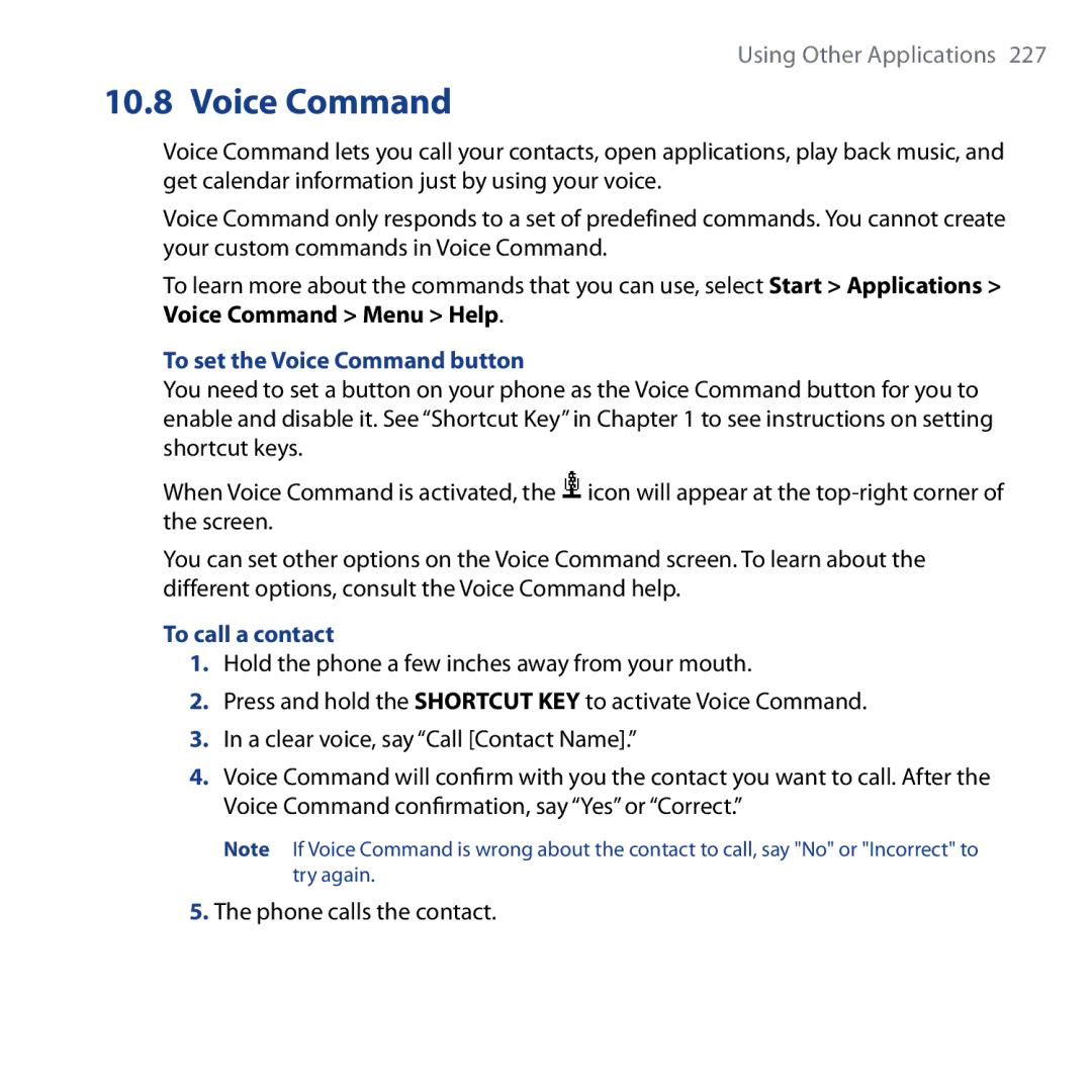 HTC Shadow user manual To set the Voice Command button, To call a contact 