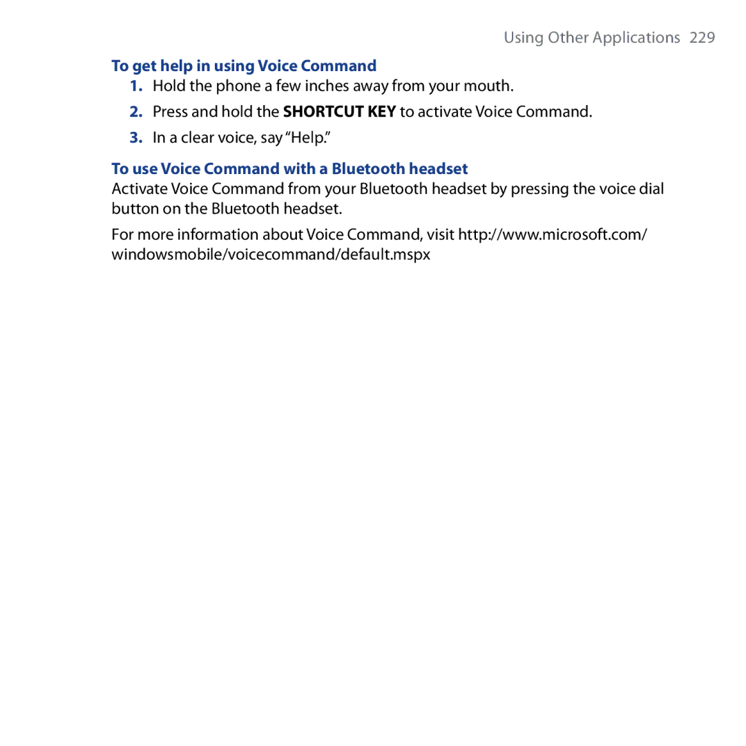HTC Shadow user manual To get help in using Voice Command, To use Voice Command with a Bluetooth headset 