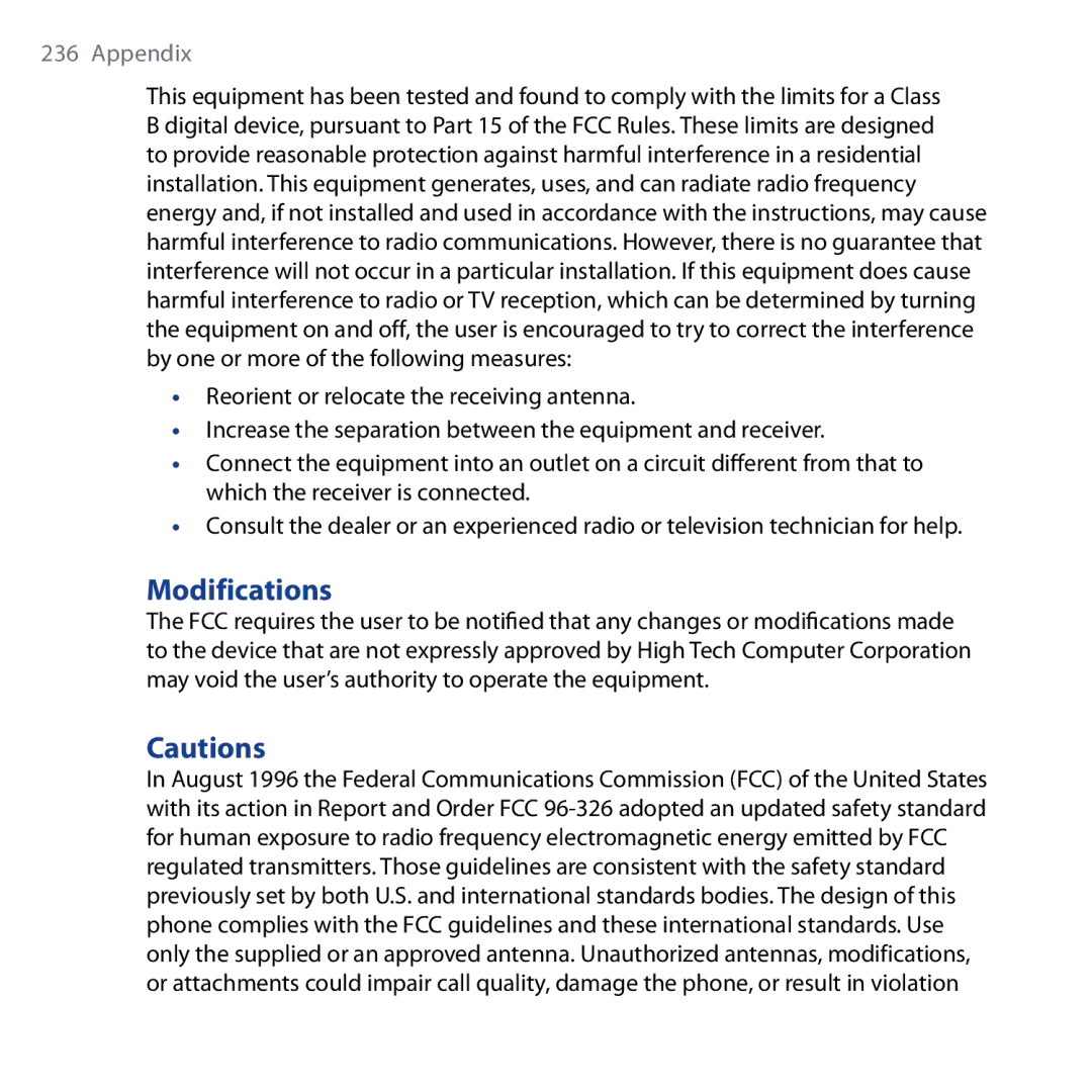 HTC Shadow user manual Modifications 