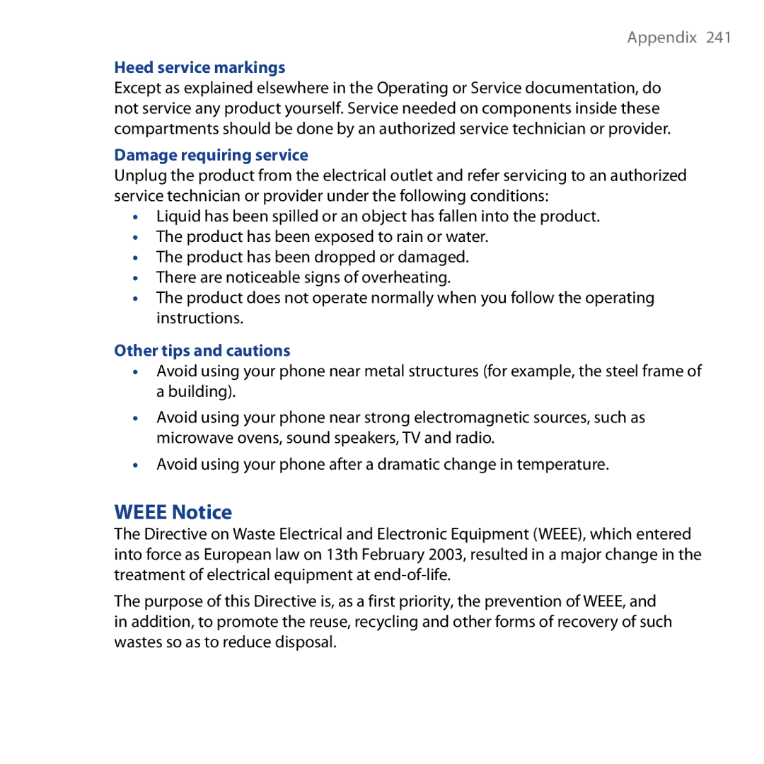 HTC Shadow user manual Weee Notice, Heed service markings, Damage requiring service, Other tips and cautions 