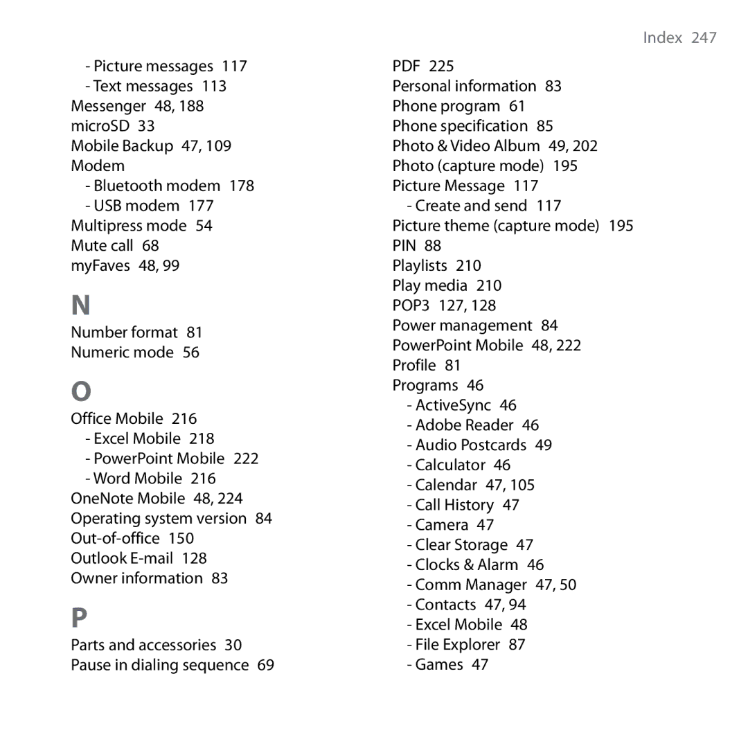 HTC Shadow user manual USB modem 177 Multipress mode 54 Mute call 68 myFaves 48 