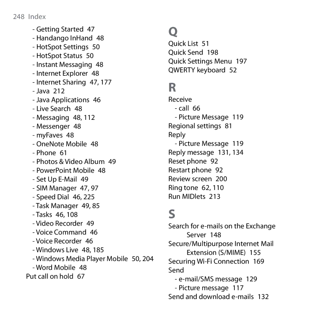 HTC Shadow user manual Index 