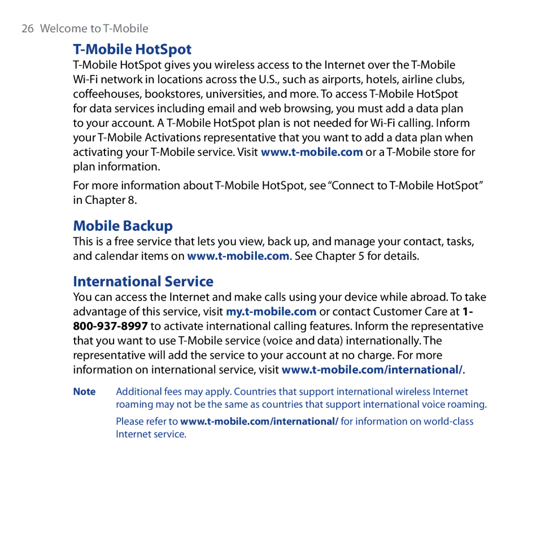 HTC Shadow user manual Mobile HotSpot, Mobile Backup International Service 