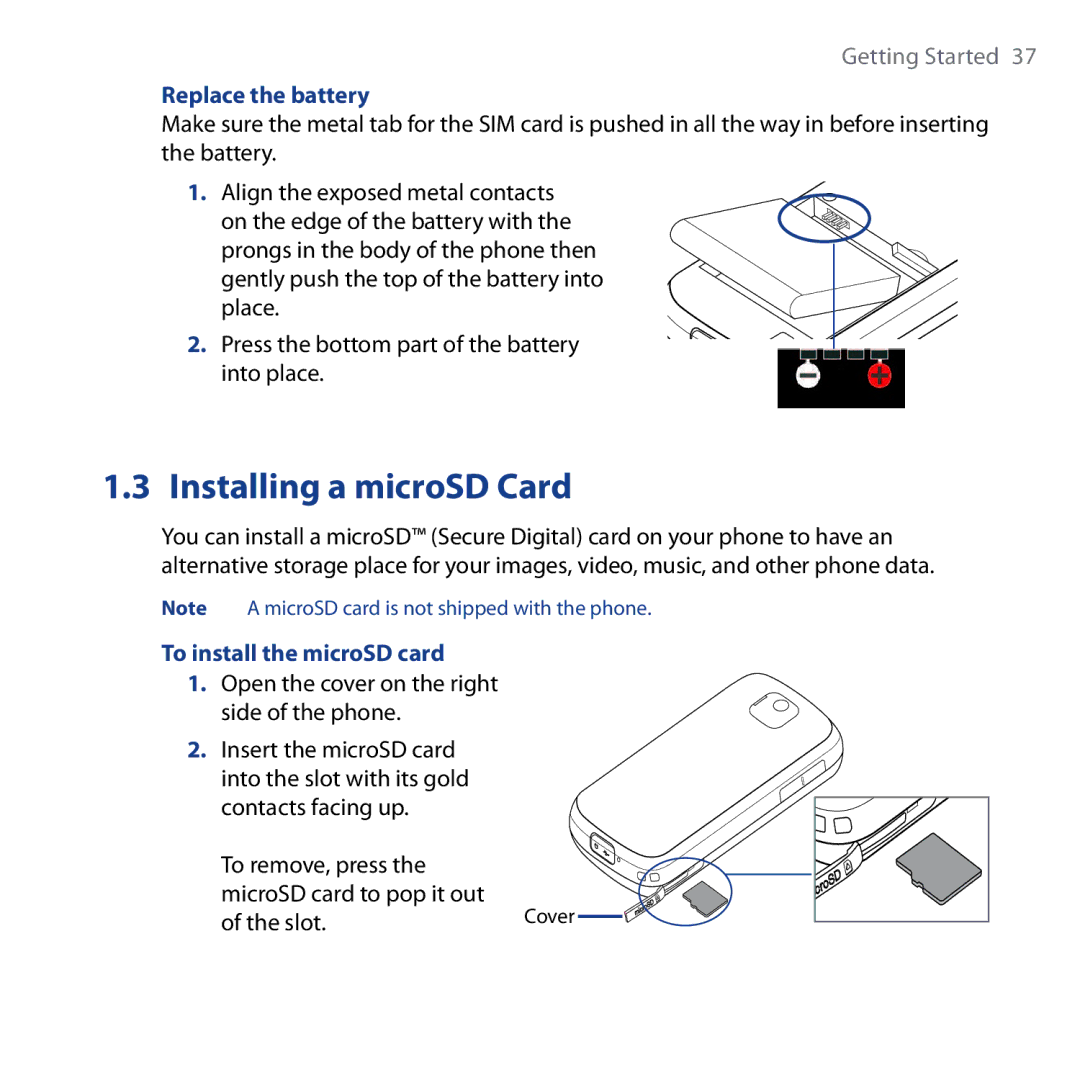 HTC Shadow user manual Installing a microSD Card, Replace the battery, To install the microSD card, Slot 