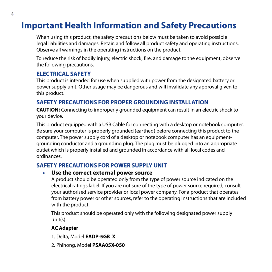 HTC Shadow user manual Important Health Information and Safety Precautions, Use the correct external power source 