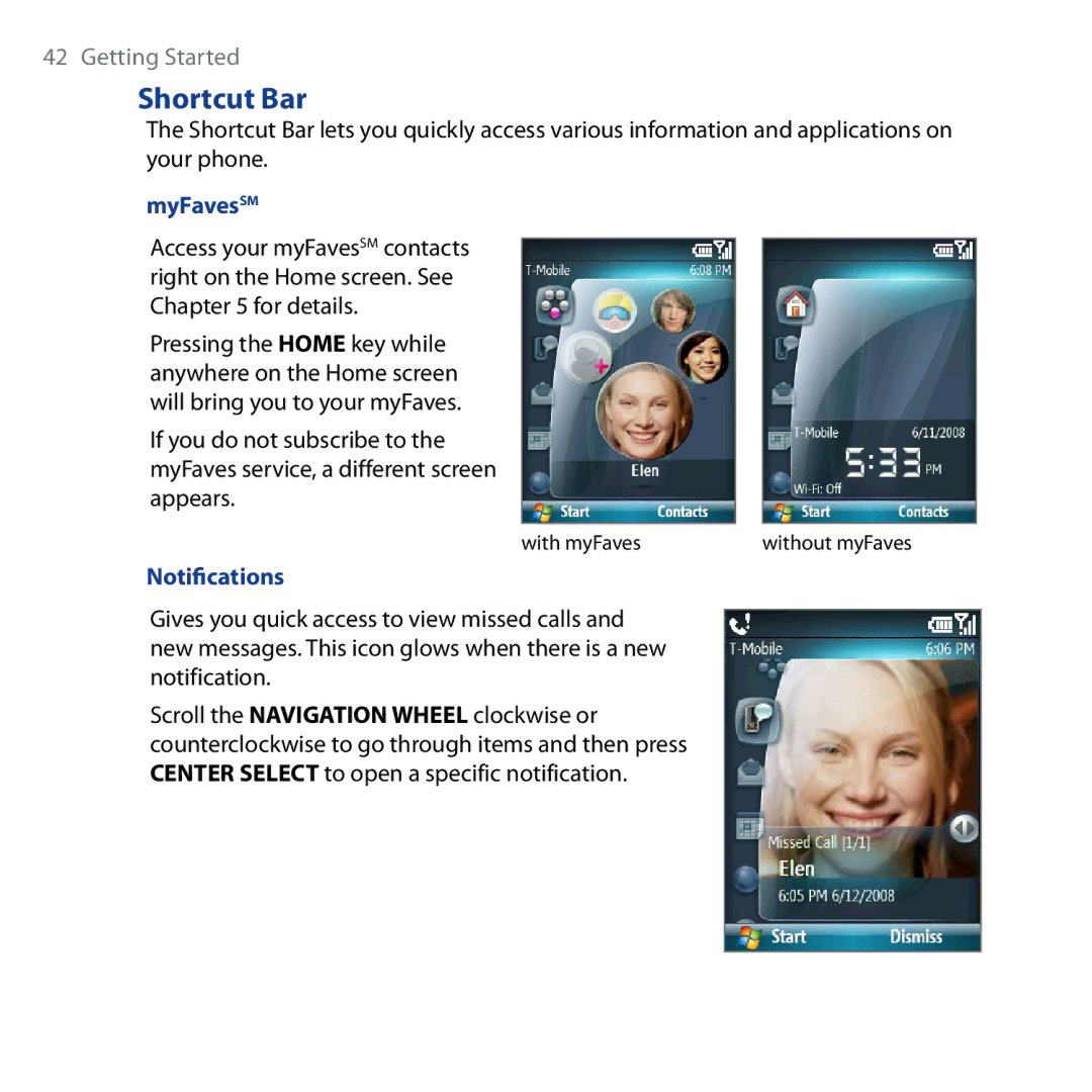 HTC Shadow user manual Shortcut Bar, MyFavesSM, Notifications 