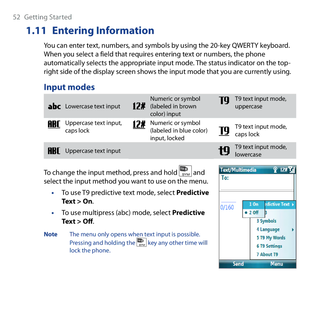 HTC Shadow user manual Entering Information, Input modes 