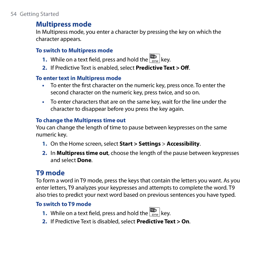 HTC Shadow user manual Multipress mode, T9 mode 