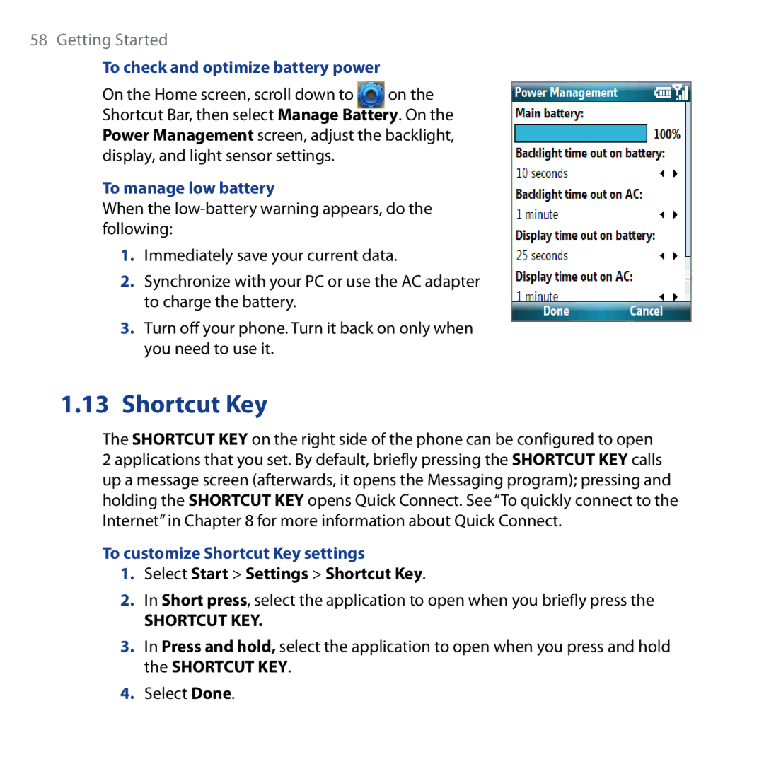 HTC Shadow user manual To check and optimize battery power, To manage low battery, To customize Shortcut Key settings 