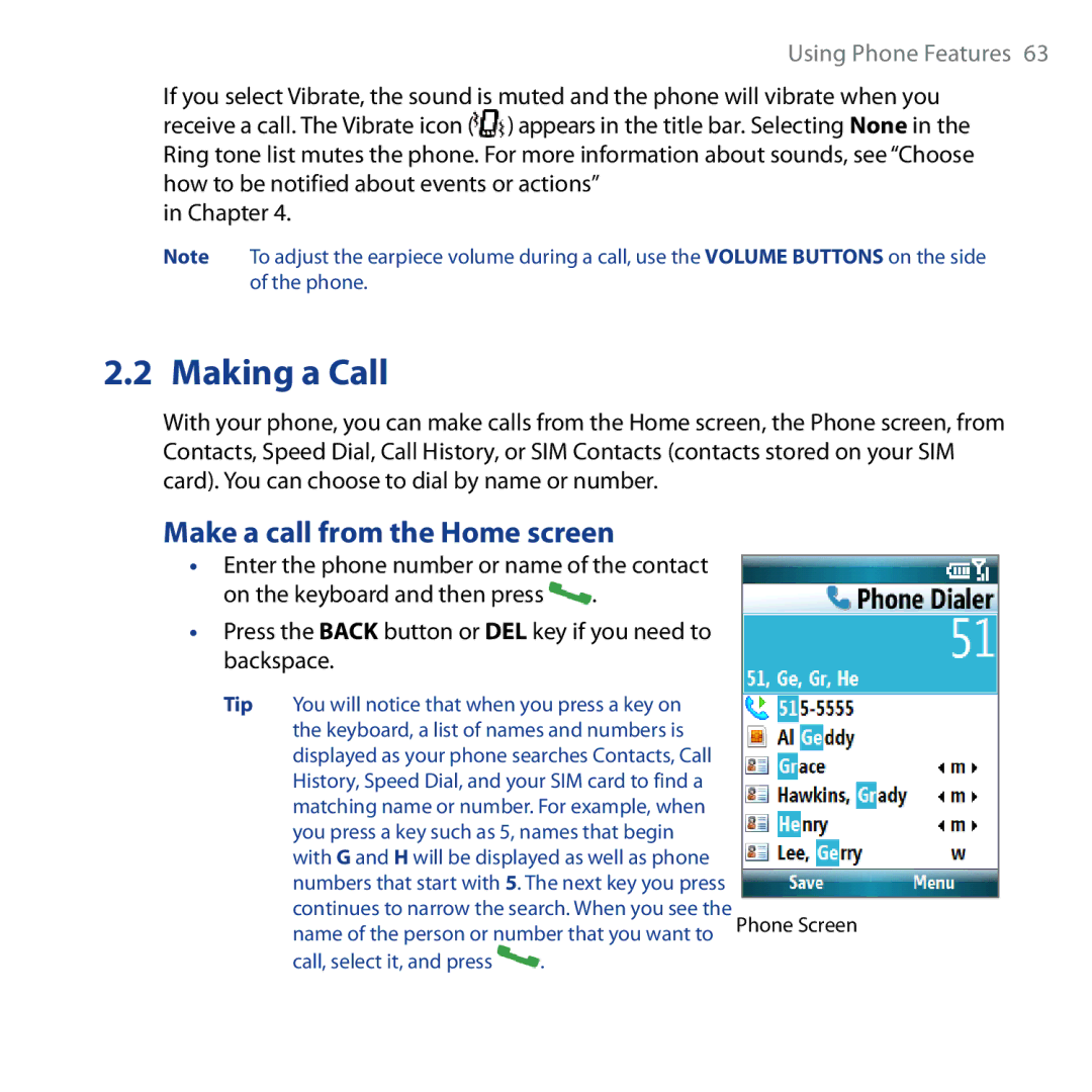 HTC Shadow user manual Making a Call, Make a call from the Home screen 