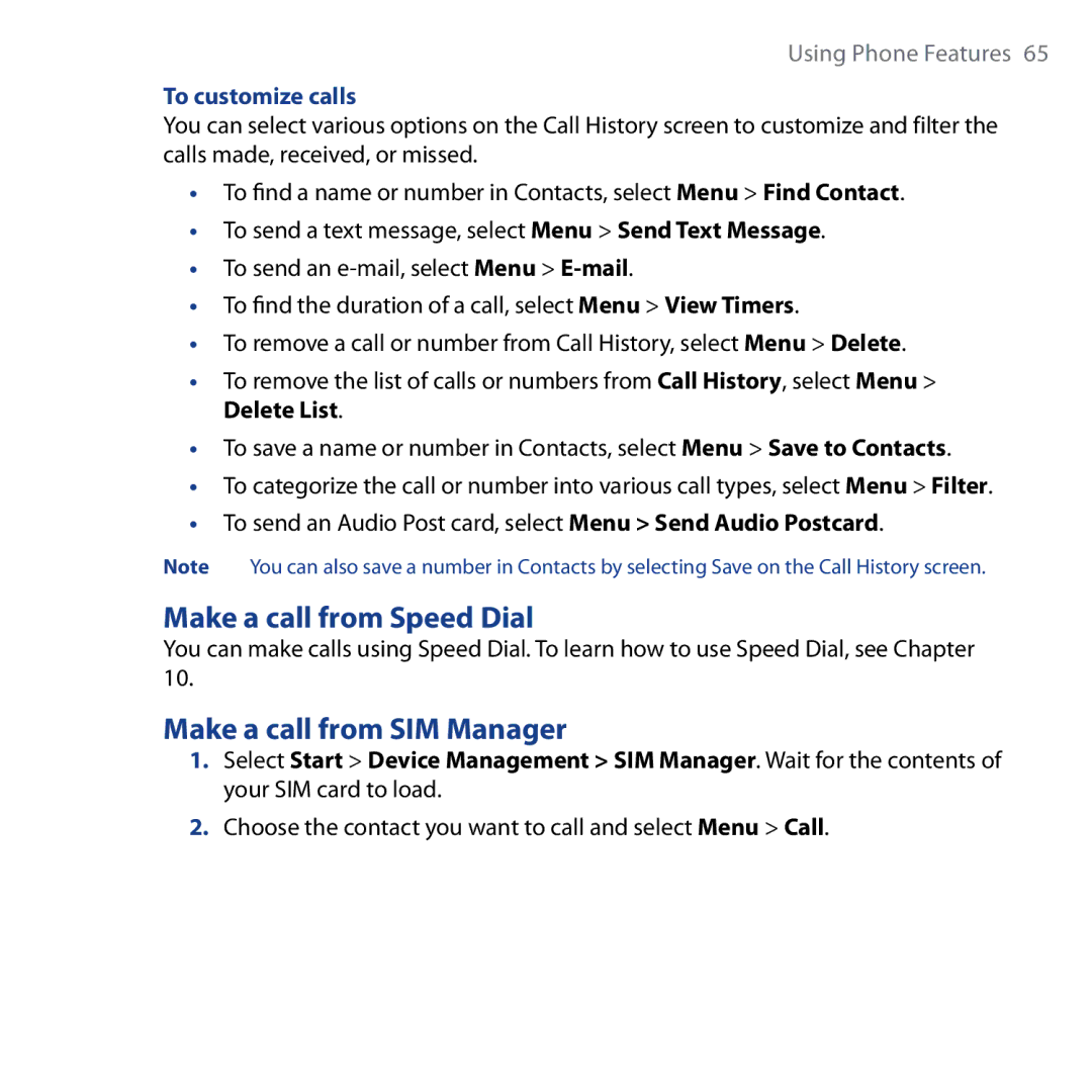 HTC Shadow user manual Make a call from Speed Dial, Make a call from SIM Manager, To customize calls 