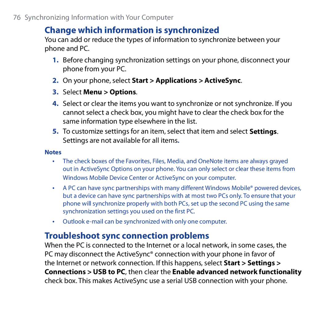 HTC Shadow user manual Change which information is synchronized, Troubleshoot sync connection problems 