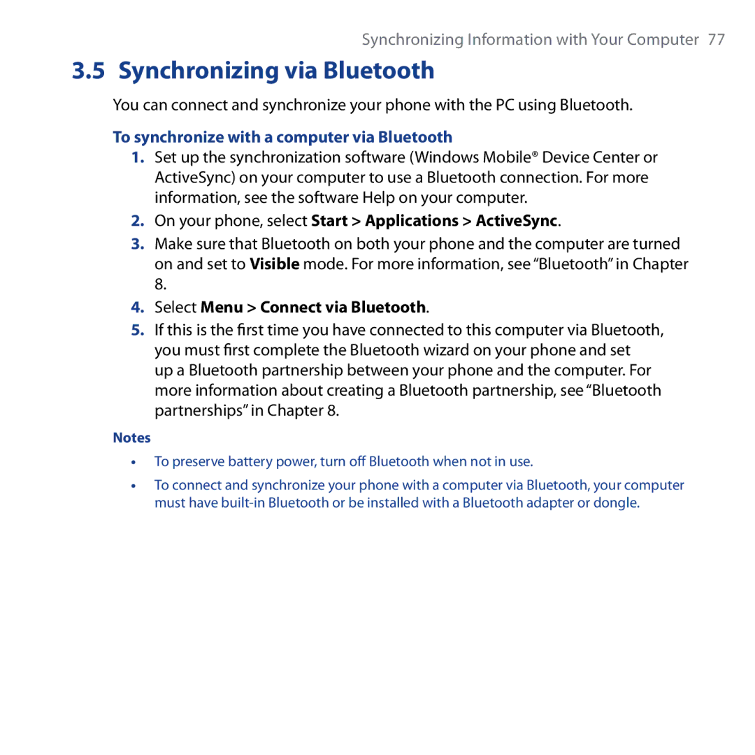 HTC Shadow Synchronizing via Bluetooth, To synchronize with a computer via Bluetooth, Select Menu Connect via Bluetooth 