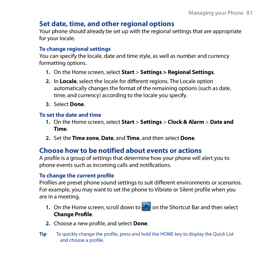 HTC Shadow user manual Set date, time, and other regional options, Choose how to be notified about events or actions 