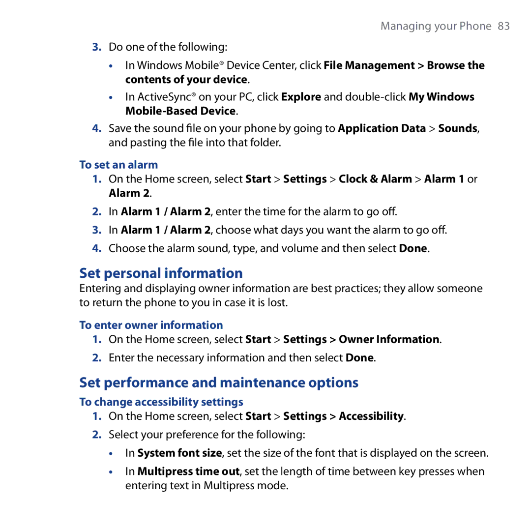 HTC Shadow Set personal information, Set performance and maintenance options, To set an alarm, To enter owner information 