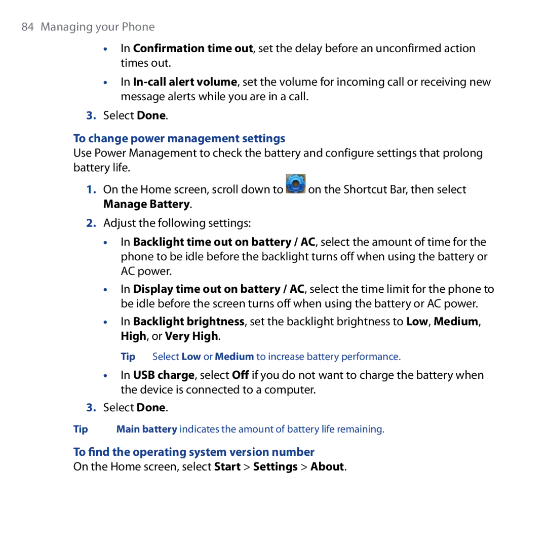 HTC Shadow user manual To change power management settings, To find the operating system version number 