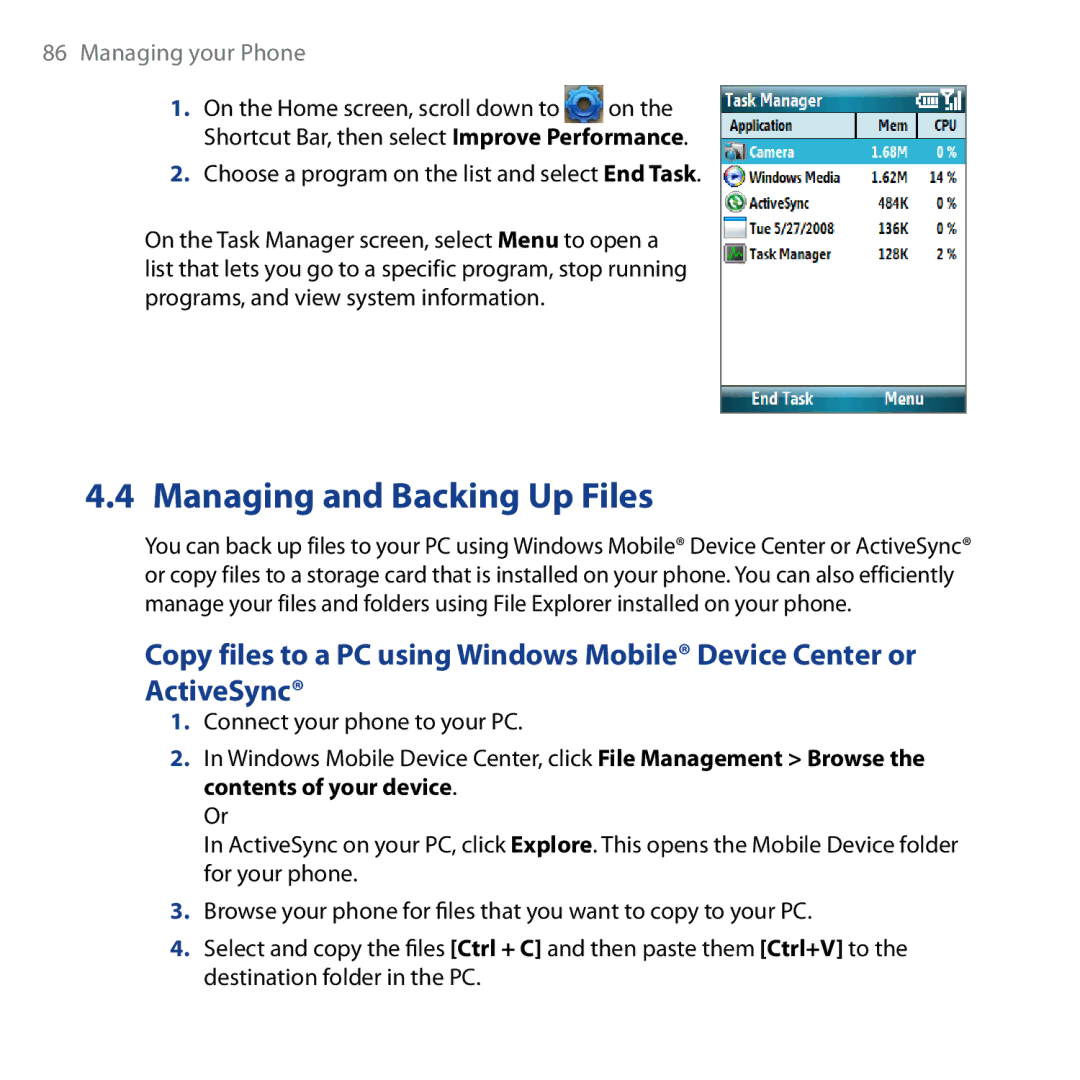 HTC Shadow user manual Managing and Backing Up Files 