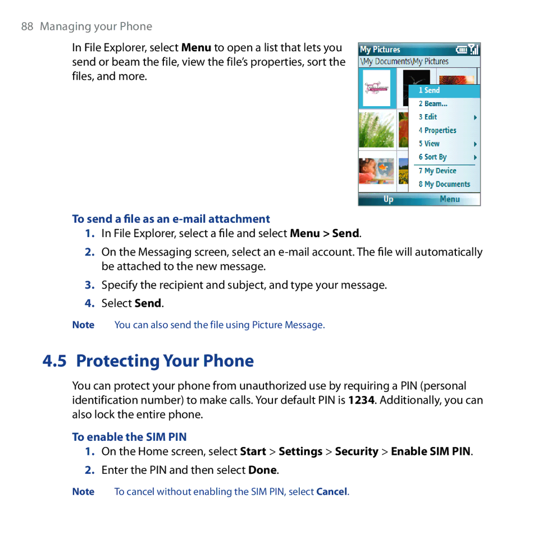 HTC Shadow user manual Protecting Your Phone, To send a file as an e-mail attachment, To enable the SIM PIN 