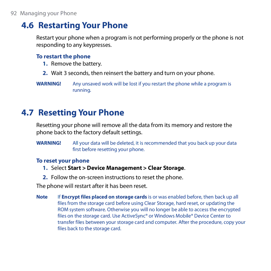 HTC Shadow user manual Restarting Your Phone, Resetting Your Phone, To restart the phone, To reset your phone 