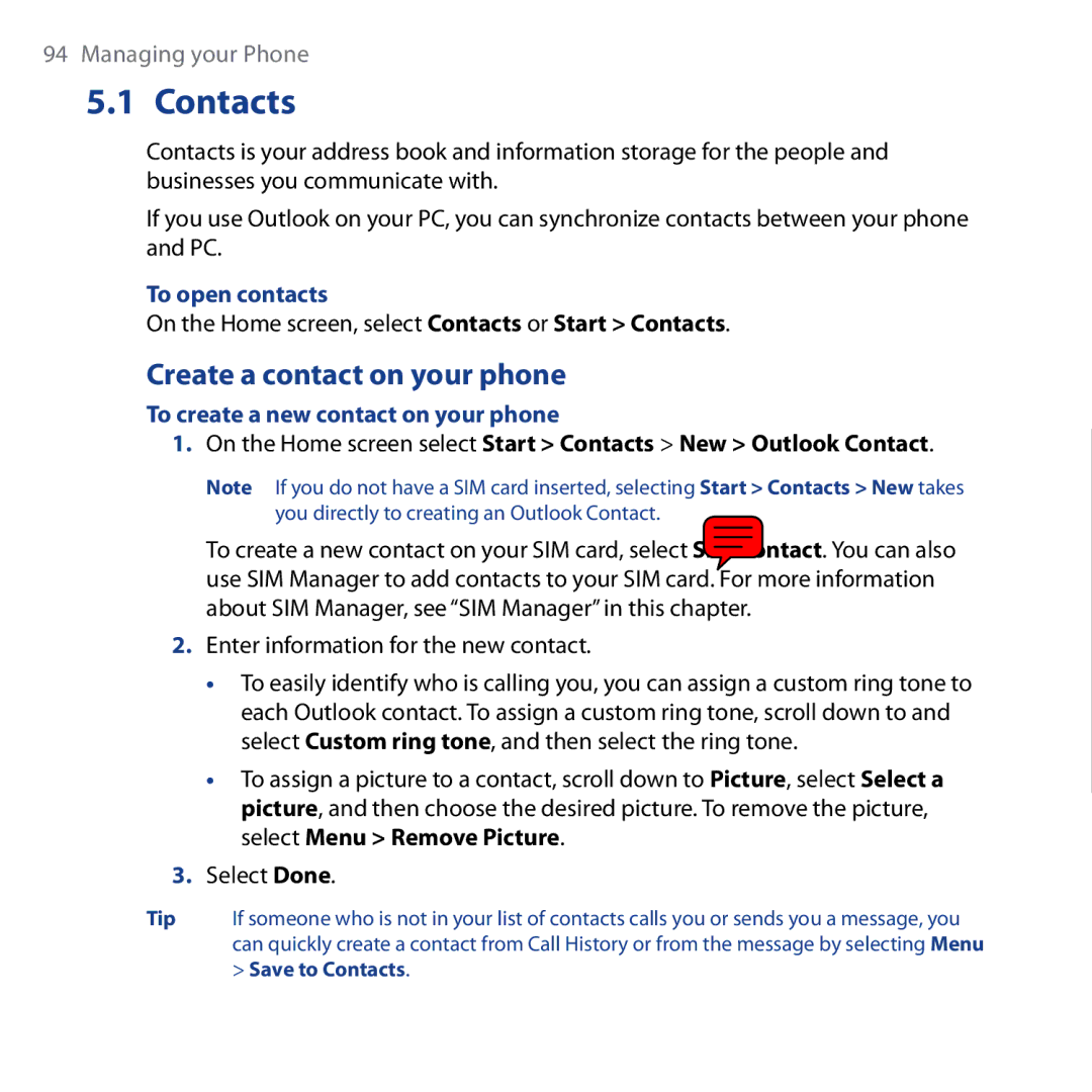 HTC Shadow user manual Contacts, Create a contact on your phone, To open contacts, To create a new contact on your phone 