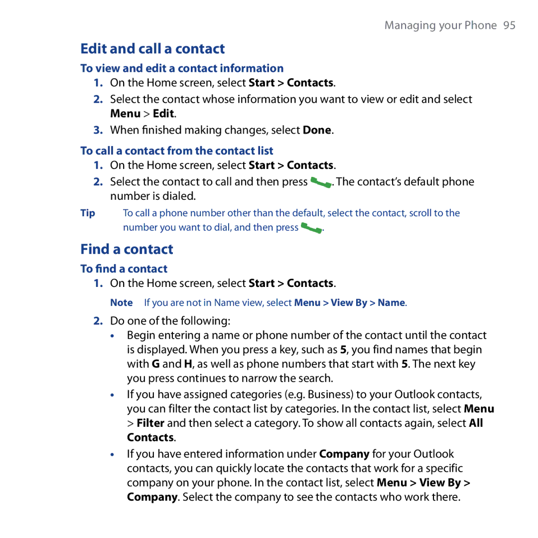 HTC Shadow user manual Edit and call a contact, Find a contact, To view and edit a contact information, To find a contact 