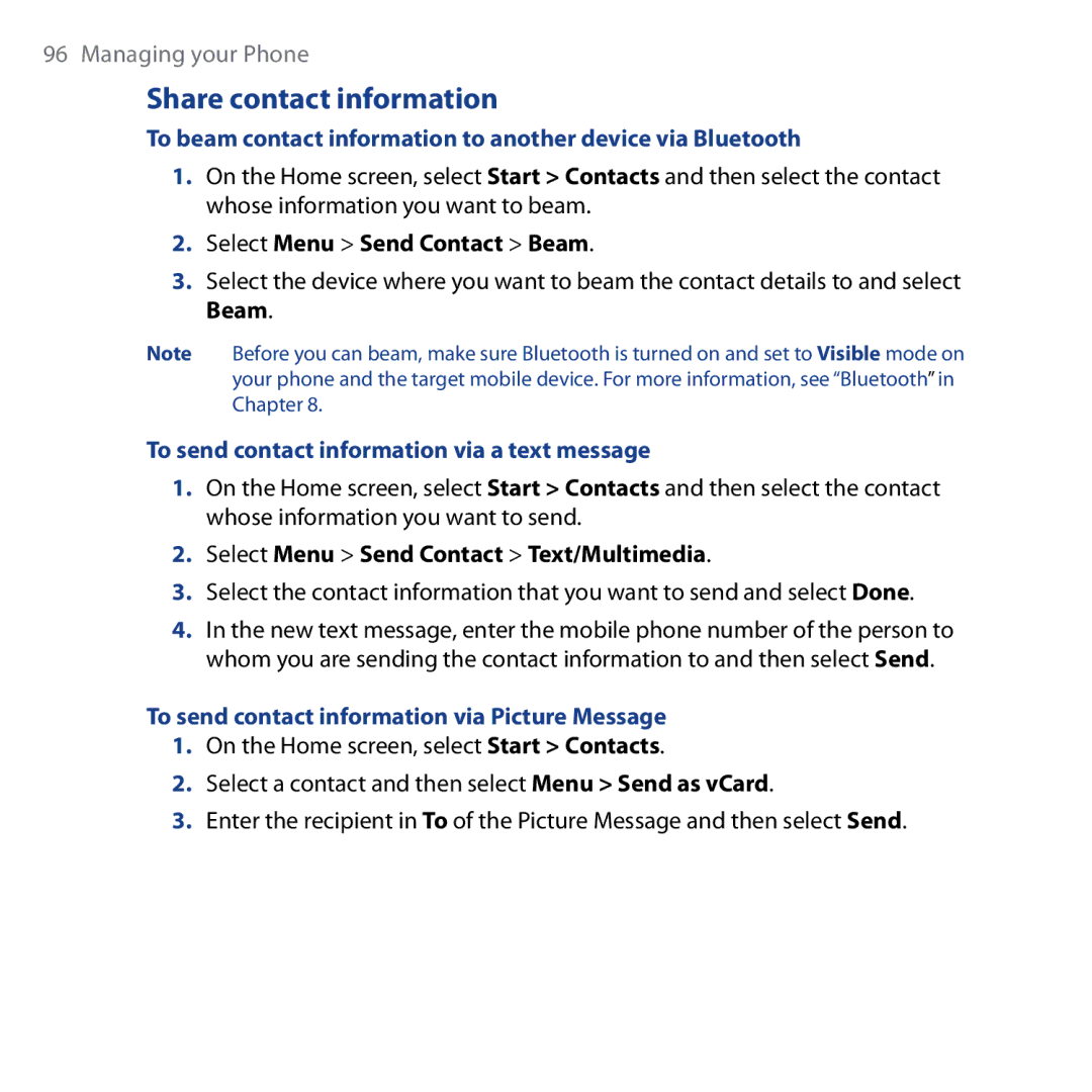 HTC Shadow user manual Share contact information, To beam contact information to another device via Bluetooth 