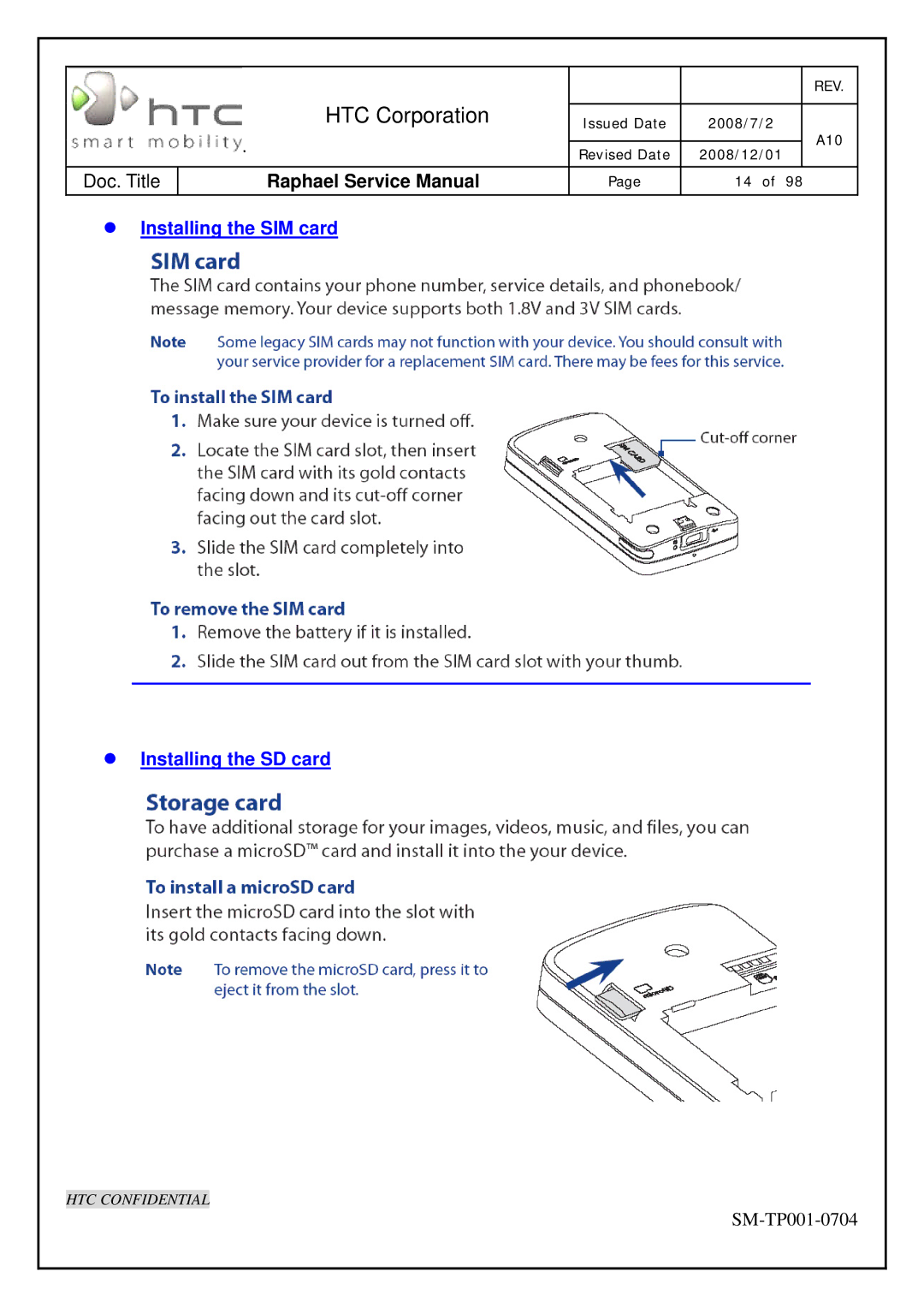 HTC SM-TP001-0704 manual Installing the SIM card 