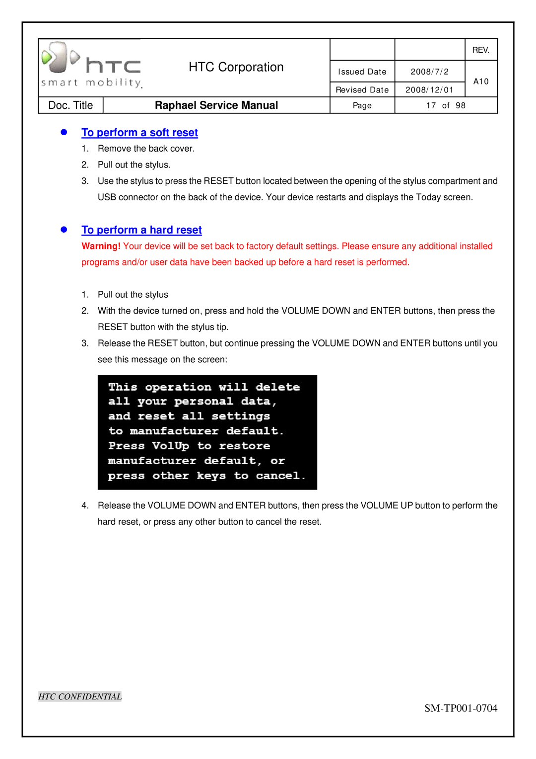 HTC SM-TP001-0704 manual To perform a soft reset 